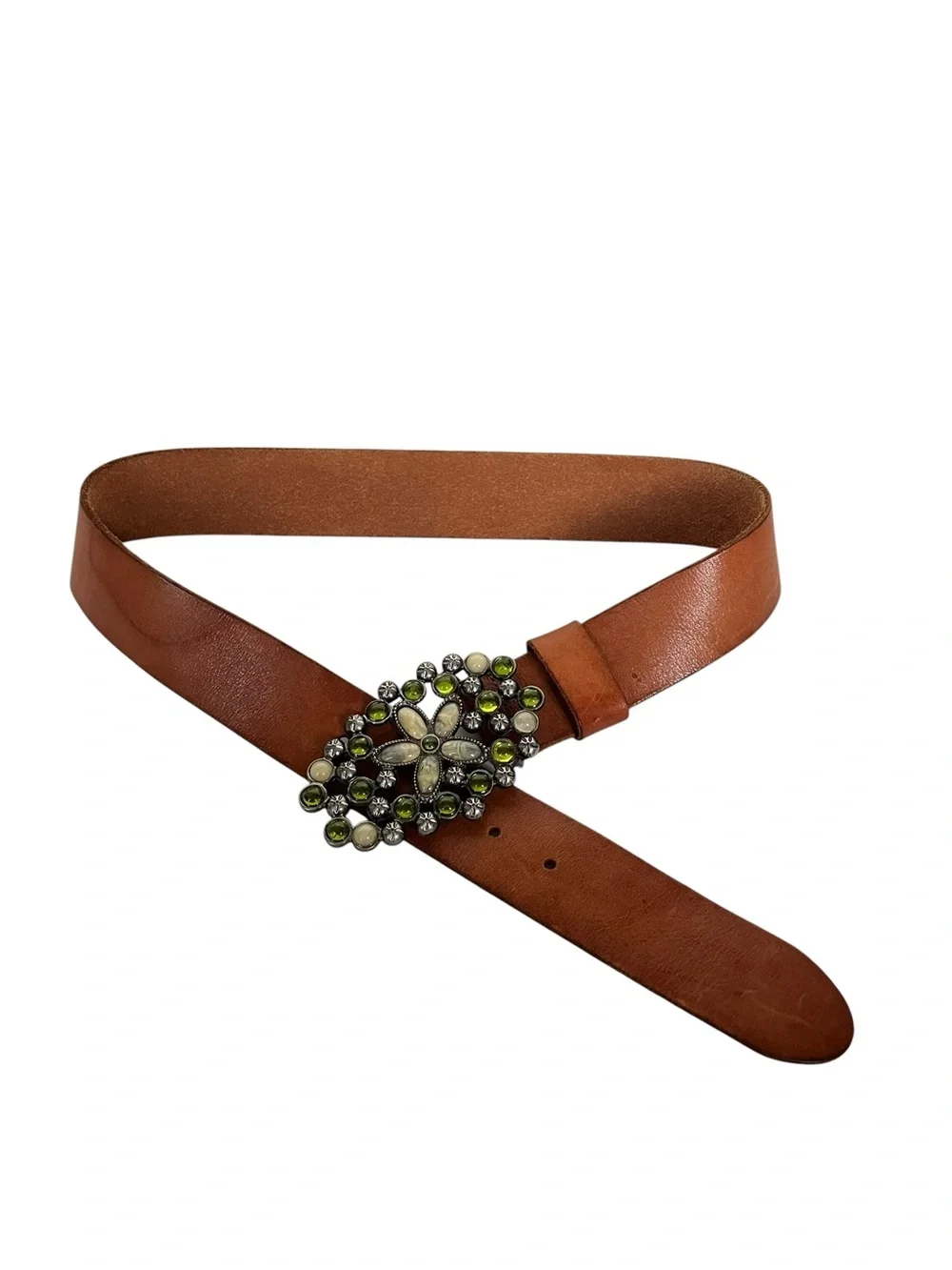 Hollister Brown Leather Belt with Decorative Floral Buckle Y2K